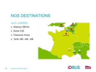 NOS DESTINATIONS
     LILLE - LONDRES

        Distance: 266 Km

        Durée: 5:45

        Fréquence: 4/Jour

        Tarifs: 39€ - 44€ - 49€




14   SERVICES À BORD D’IDBUS
 
