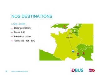 NOS DESTINATIONS
     LYON - TURIN

        Distance: 305 Km

        Durée: 8:30

        Fréquence: 3/Jour

        Tarifs: 45€ - 49€ - 55€




18   SERVICES À BORD D’IDBUS
 