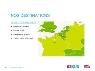 NOS DESTINATIONS
     BRUXELLES PARIS BERCY

        Distance: 305 Km

        Durée: 3:50

        Fréquence: 8/Jour

        Tarifs: 33€ - 37€ - 44€




19   QUI SOMMES-NOUS ?
 