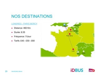 NOS DESTINATIONS
     LONDRES - PARIS BERCY

        Distance: 460 Km

        Durée: 8:35

        Fréquence: 7/Jour

        Tarifs: £45 - £50 - £60




29   ON-BOARD iDBUS
 