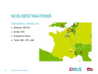 NOS DESTINATIONS
    PARIS BERCY - BRUXELLES

       Distance: 305 Km

       Durée: 5:05

       Fréquence: 8/Jour

       Tarifs: 33€ - 37€ - 44€




6   SERVICES À BORD D’IDBUS
 