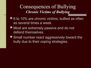 Consequences of Bullying
Chronic Victims of Bullying
 6 to 10% are chronic victims, bullied as often
as several times a week.
 Most are extremely passive and do not
defend themselves.
 Small number react aggressively toward the
bully due to their coping strategies.
 
