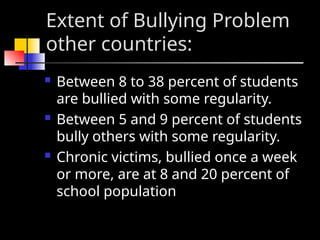 Extent of Bullying Problem
other countries:
 Between 8 to 38 percent of students
are bullied with some regularity.
 Between 5 and 9 percent of students
bully others with some regularity.
 Chronic victims, bullied once a week
or more, are at 8 and 20 percent of
school population
 