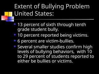 Extent of Bullying Problem
United States:
 13 percent of sixth through tenth
grade student bully.
 10 percent reported being victims.
 6 percent are victim-bullies.
 Several smaller studies confirm high
levels of bullying behaviors, with 10
to 29 percent of students reported to
either be bullies or victims.
 