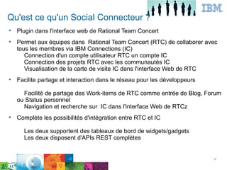 Qu'est ce qu'un Social Connecteur ?

    Plugin dans l'interface web de Rational Team Concert

    Permet aux équipes dans Rational Team Concert (RTC) de collaborer avec
    tous les membres via IBM Connections (IC)
       Connection d'un compte utilisateur RTC un compte IC
       Connection des projets RTC avec les communautés IC
       Visualisation de la carte de visite IC dans l'interface Web de RTC

    Facilite partage et interaction dans le réseau pour les développeurs

      Facilité de partage des Work-items de RTC comme entrée de Blog, Forum
    ou Status personnel
      Navigation et recherche sur IC dans l'interface Web de RTCz

    Complète les possibilités d'intégration entre RTC et IC

      Les deux supportent des tableaux de bord de widgets/gadgets
      Les deux disposent d'APIs REST complètes


                                                                           14
 