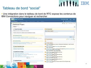 Tableau de bord “social”
● Une intégration dans le tableau de bord de RTC expose les contenus de
IBM Connections pour naviguer et rechercher




                                                                          19
 