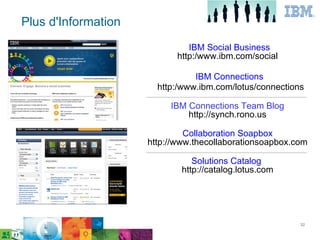 Plus d'Information
                               IBM Social Business
                            http:/www.ibm.com/social

                                IBM Connections
                       http:/www.ibm.com/lotus/connections

                          IBM Connections Team Blog
                              http://synch.rono.us

                              Collaboration Soapbox
                     http://www.thecollaborationsoapbox.com

                                Solutions Catalog
                             http://catalog.lotus.com




                                                         32
 