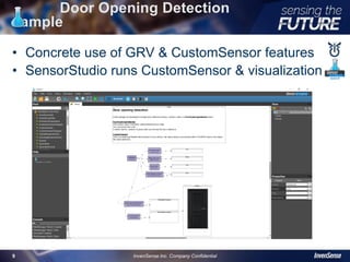Door Opening Detection
sample
• Concrete use of GRV & CustomSensor features
• SensorStudio runs CustomSensor & visualization
9
InvenSense Inc. Company Confidential9
 