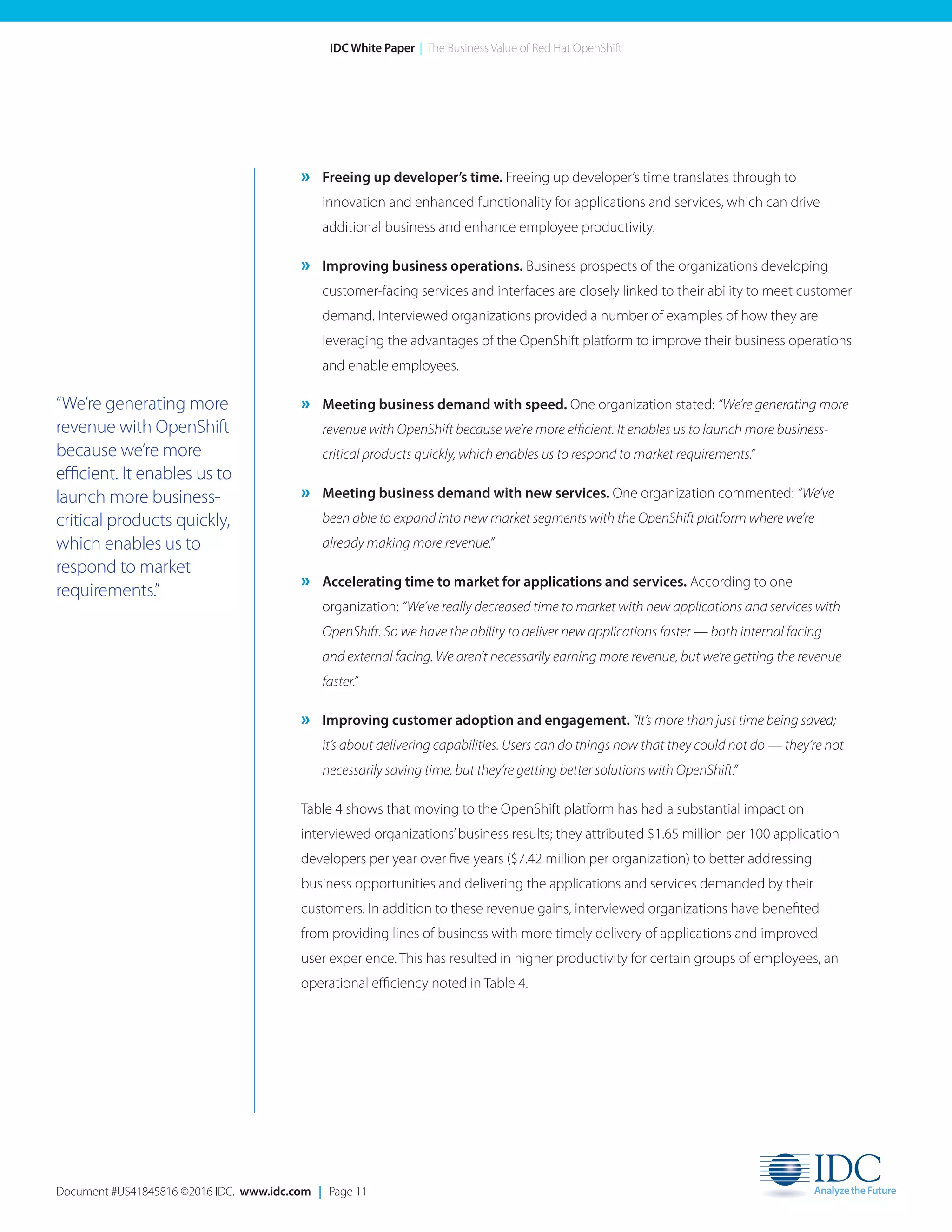 Document #US41845816 ©2016 IDC. www.idc.com | Page 11
IDC White Paper | The Business Value of Red Hat OpenShift
“We’re generating more
revenue with OpenShift
because we’re more
efficient. It enables us to
launch more business-
critical products quickly,
which enables us to
respond to market
requirements.”
» Freeing up developer’s time. Freeing up developer’s time translates through to
innovation and enhanced functionality for applications and services, which can drive
additional business and enhance employee productivity.
» Improving business operations. Business prospects of the organizations developing
customer-facing services and interfaces are closely linked to their ability to meet customer
demand. Interviewed organizations provided a number of examples of how they are
leveraging the advantages of the OpenShift platform to improve their business operations
and enable employees.
» Meeting business demand with speed. One organization stated: “We’re generating more
revenue with OpenShift because we’re more efficient. It enables us to launch more business-
critical products quickly, which enables us to respond to market requirements.”
» Meeting business demand with new services. One organization commented: “We’ve
been able to expand into new market segments with the OpenShift platform where we’re
already making more revenue.”
» Accelerating time to market for applications and services. According to one
organization: “We’ve really decreased time to market with new applications and services with
OpenShift. So we have the ability to deliver new applications faster — both internal facing
and external facing. We aren’t necessarily earning more revenue, but we’re getting the revenue
faster.”
» Improving customer adoption and engagement. “It’s more than just time being saved;
it’s about delivering capabilities. Users can do things now that they could not do — they’re not
necessarily saving time, but they’re getting better solutions with OpenShift.”
Table 4 shows that moving to the OpenShift platform has had a substantial impact on
interviewed organizations’business results; they attributed $1.65 million per 100 application
developers per year over five years ($7.42 million per organization) to better addressing
business opportunities and delivering the applications and services demanded by their
customers. In addition to these revenue gains, interviewed organizations have benefited
from providing lines of business with more timely delivery of applications and improved
user experience. This has resulted in higher productivity for certain groups of employees, an
operational efficiency noted in Table 4.
 