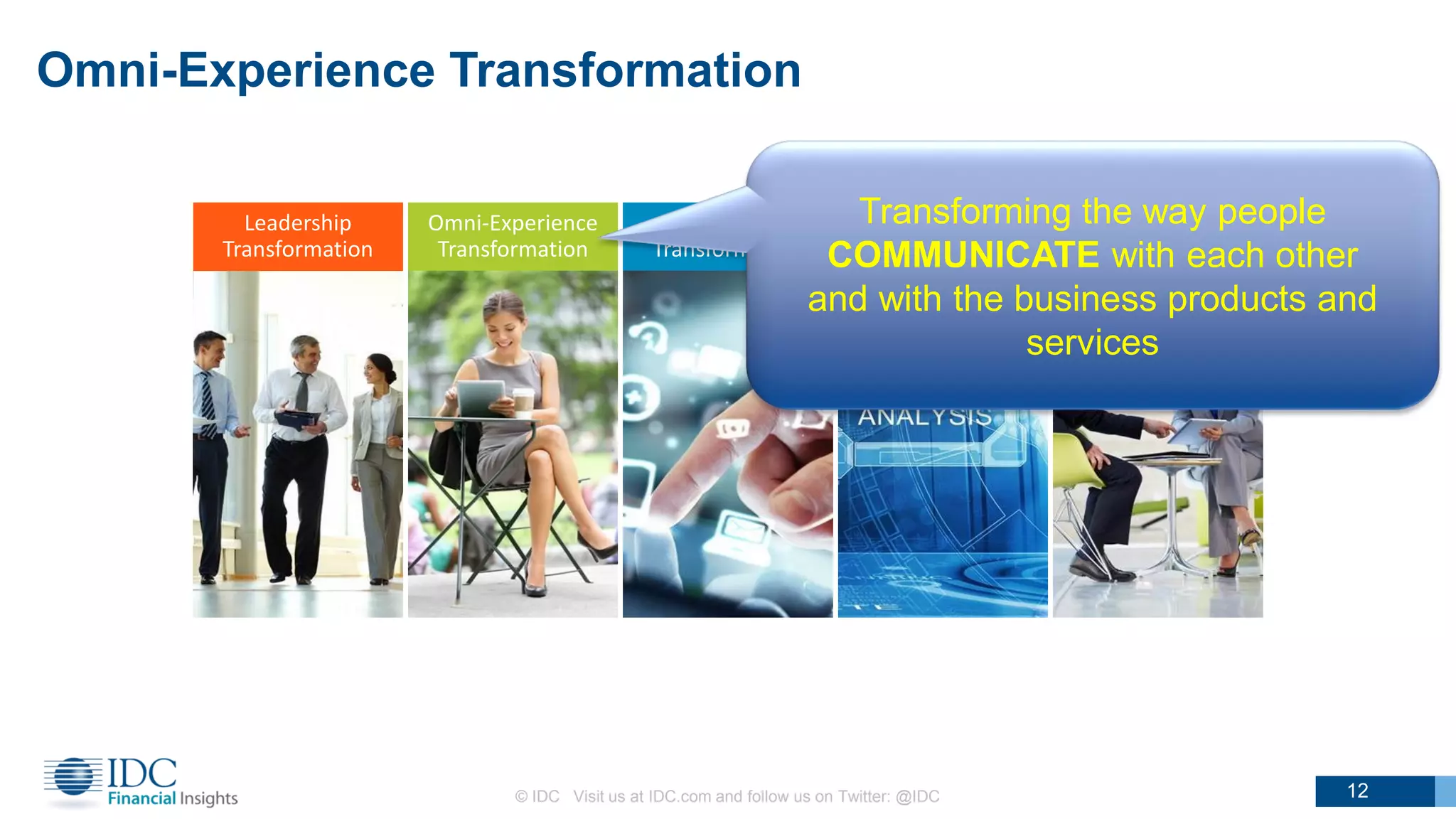 Leadership
Transformation
Omni-Experience
Transformation
Information
Transformation
Operating Model
Transformation
WorkSource
Transformation
Omni-Experience Transformation
© IDC Visit us at IDC.com and follow us on Twitter: @IDC
12
Transforming the way people
COMMUNICATE with each other
and with the business products and
services
12
 