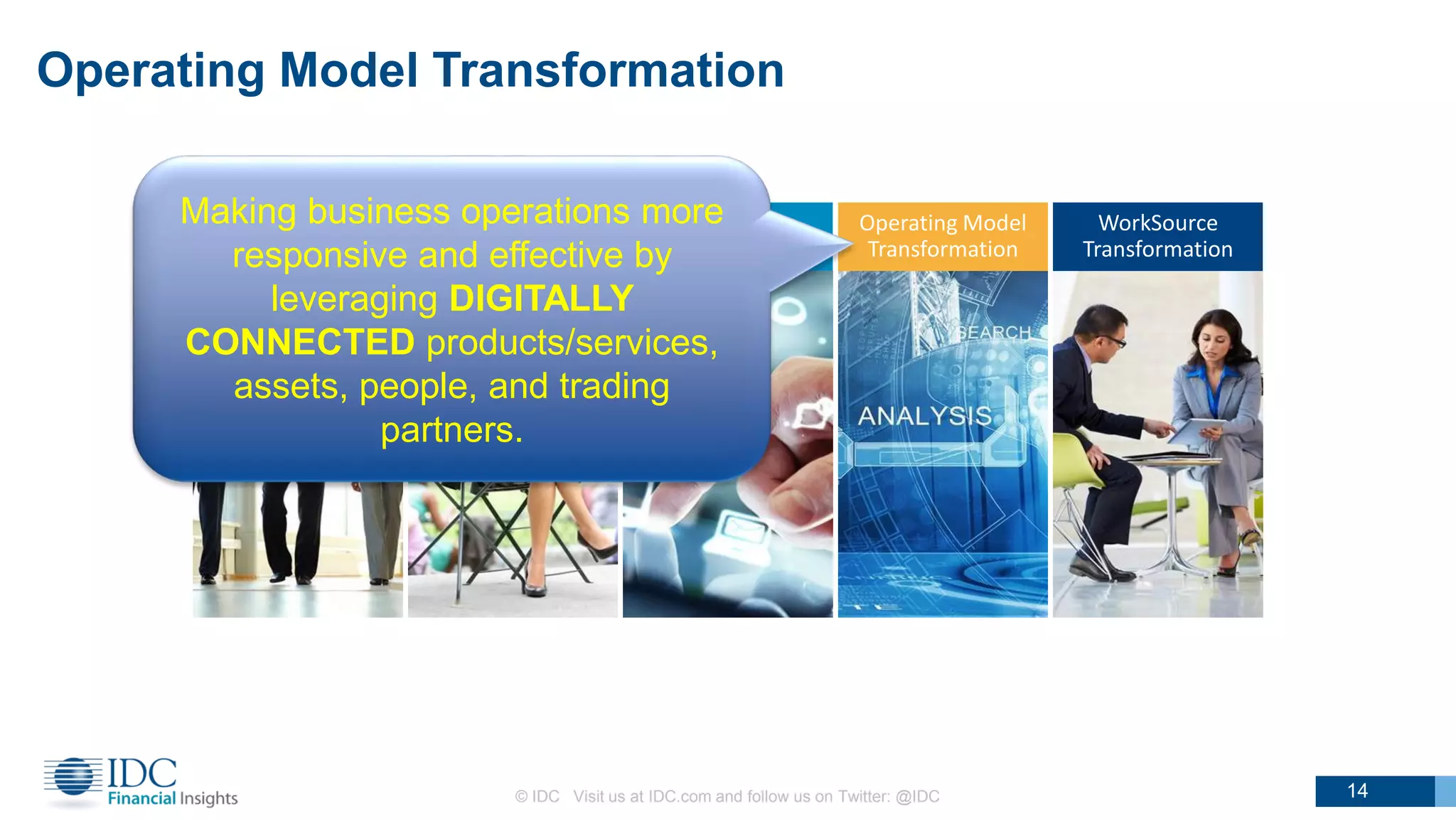 Leadership
Transformation
Omni-Experience
Transformation
Information
Transformation
Operating Model
Transformation
WorkSource
Transformation
Operating Model Transformation
© IDC Visit us at IDC.com and follow us on Twitter: @IDC
14
Making business operations more
responsive and effective by
leveraging DIGITALLY
CONNECTED products/services,
assets, people, and trading
partners.
14
 