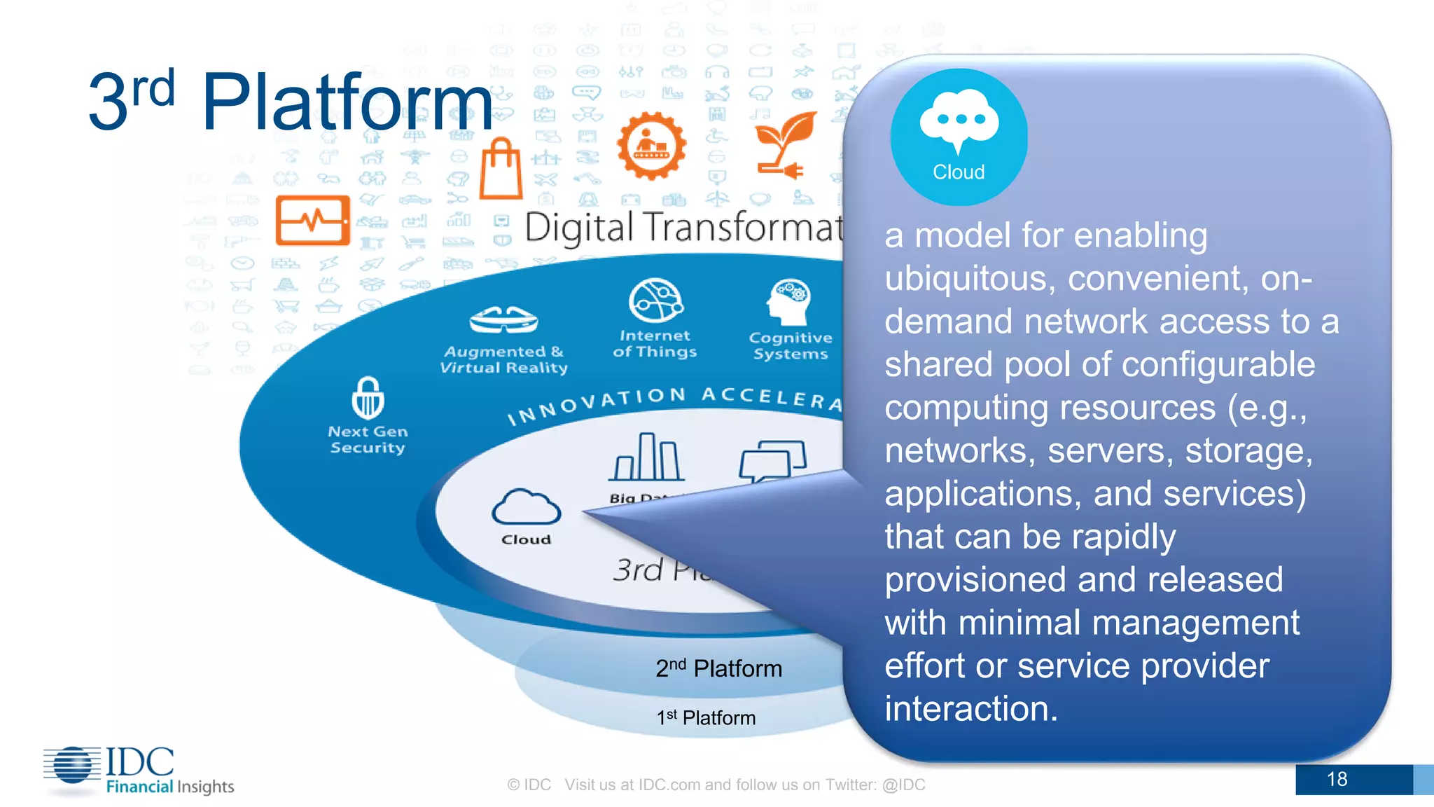 3rd Platform
© IDC Visit us at IDC.com and follow us on Twitter: @IDC 18
1st Platform
2nd Platform
a model for enabling
ubiquitous, convenient, on-
demand network access to a
shared pool of configurable
computing resources (e.g.,
networks, servers, storage,
applications, and services)
that can be rapidly
provisioned and released
with minimal management
effort or service provider
interaction.
Cloud
 