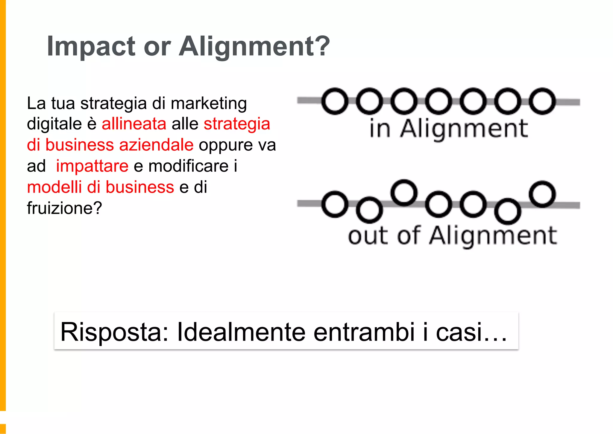 Impact or Alignment?
La tua strategia di marketing
digitale è allineata alle strategia
di business aziendale oppure va
ad impattare e modificare i
modelli di business e di
fruizione?
Risposta: Idealmente entrambi i casi…
 