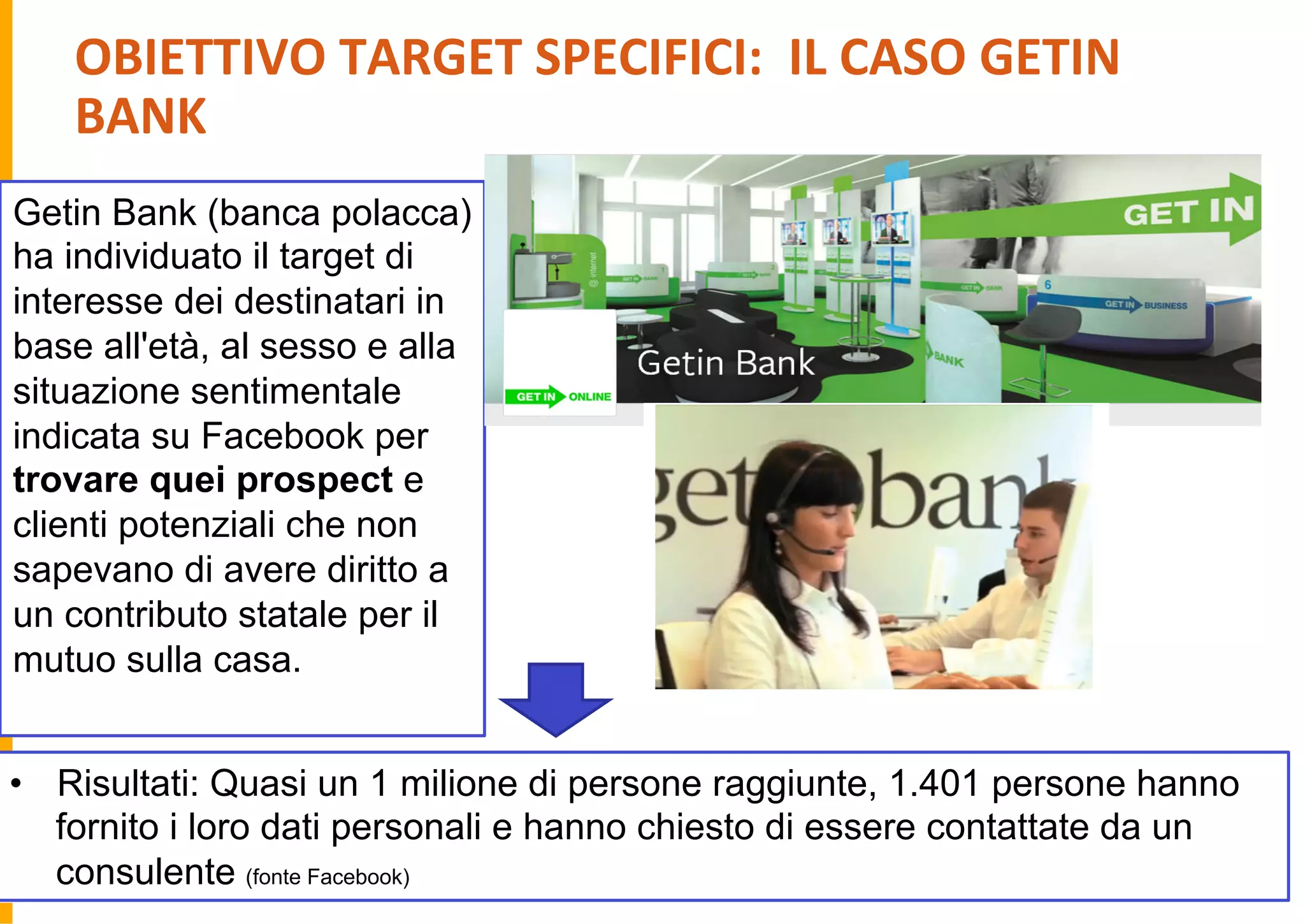OBIETTIVO	
  TARGET	
  SPECIFICI:	
  	
  IL	
  CASO	
  GETIN	
  
BANK	
  
Getin Bank (banca polacca)
ha individuato il target di
interesse dei destinatari in
base all'età, al sesso e alla
situazione sentimentale
indicata su Facebook per
trovare quei prospect e
clienti potenziali che non
sapevano di avere diritto a
un contributo statale per il
mutuo sulla casa.
•  Risultati: Quasi un 1 milione di persone raggiunte, 1.401 persone hanno
fornito i loro dati personali e hanno chiesto di essere contattate da un
consulente (fonte Facebook)
 