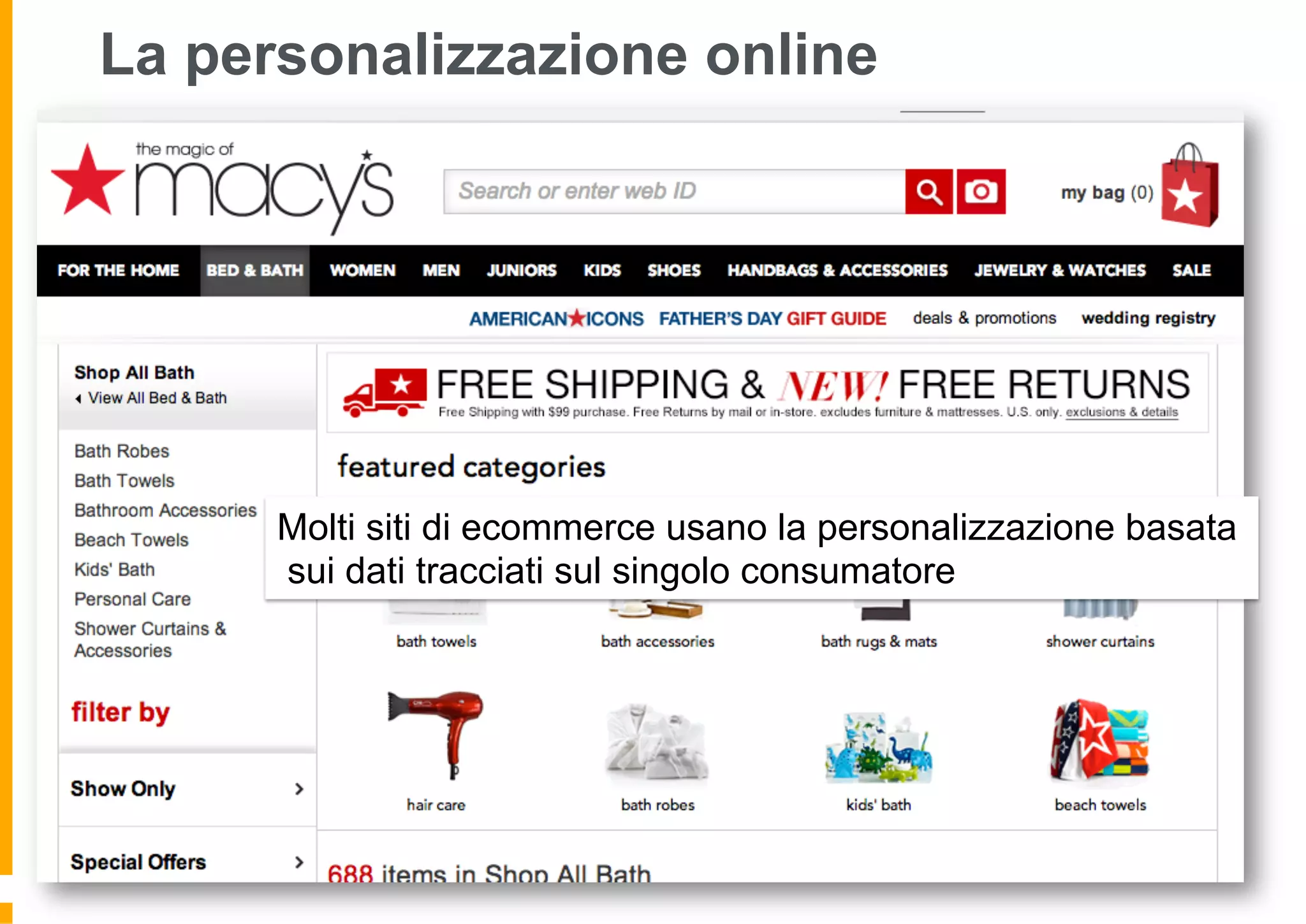 La personalizzazione online
Molti siti di ecommerce usano la personalizzazione basata
sui dati tracciati sul singolo consumatore
 