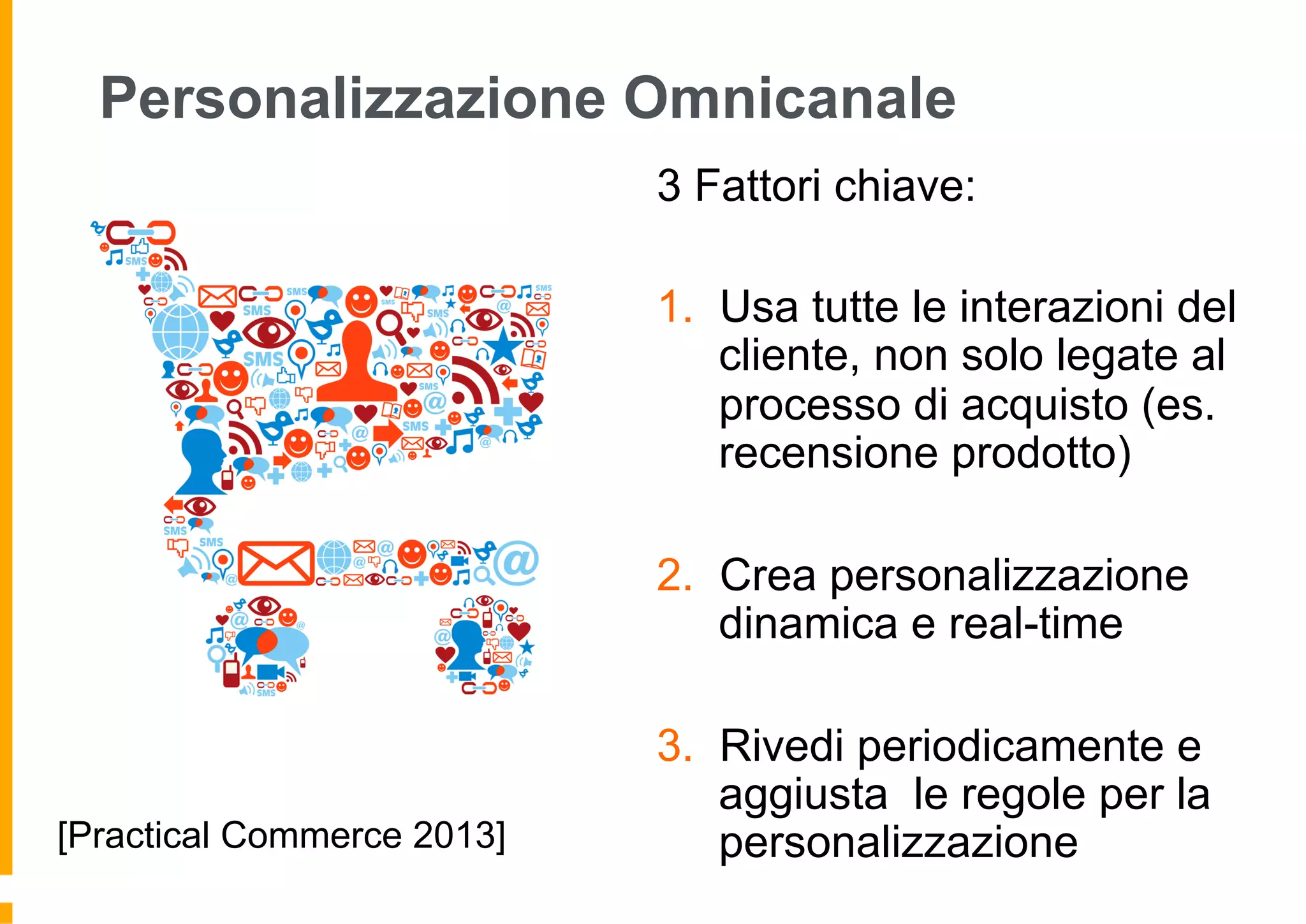Personalizzazione Omnicanale
3 Fattori chiave:
1.  Usa tutte le interazioni del
cliente, non solo legate al
processo di acquisto (es.
recensione prodotto)
2.  Crea personalizzazione
dinamica e real-time
3.  Rivedi periodicamente e
aggiusta le regole per la
personalizzazione[Practical Commerce 2013]
 