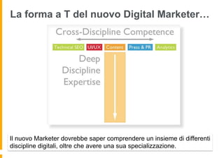 La forma a T del nuovo Digital Marketer…
Il nuovo Marketer dovrebbe saper comprendere un insieme di differenti
discipline digitali, oltre che avere una sua specializzazione.
 