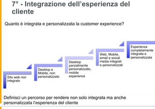 7° - Integrazione dell’esperienza del
cliente
Sito web non
integrato
Desktop e
Mobile, non
personalizzato
Desktop
parzialmente
personalizzato,
mobile
experience
Web, Mobile,
email e social
media integrati
e personalizzati
Esperienza
completamente
integrata e
personalizzata
Quanto è integrata e personalizzata la customer experience?
Definisci un percorso per rendere non solo integrata ma anche
personalizzata l’esperienza del cliente
 