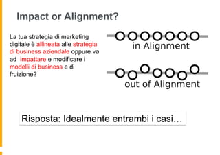 Impact or Alignment?
La tua strategia di marketing
digitale è allineata alle strategia
di business aziendale oppure va
ad impattare e modificare i
modelli di business e di
fruizione?
Risposta: Idealmente entrambi i casi…
 