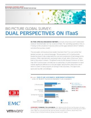 n research summary report

BIG PICTURE GLOBAL SURVEY: DUAL PERSPECTIVES ON ITaaS

BIG PICTURE GLOBAL SURVEY:

DUAL PERSPECTIVES ON ITaaS
IN THIS SPECIAL RESEARCH REPORT, we look at business and IT stakeholder
views on transformation to IT-as-a-service (ITaaS). The overriding questions: First, is
IT being run like a business? Second, where are the gaps between what IT delivers
and what the business needs?
The perception of many business leaders has been that IT is a cost center that
speaks business as a second language. The perception of IT is that business
leadership doesn’t fully understand the cost and contribution of technology to the
business. While improvements are being made on both sides of the issue, some
level of disconnect remains. This global survey by IDG Research Services of more
than 350 IT and business unit directors at enterprises of 1,000 employees or more
reveals significant differences in the perception and priorities of business and IT
when it comes to many aspects of running IT like a business. The report was
sponsored by EMC and VMware.

»	FIGURE 1 RUN IT LIKE A BUSINESS: AGREEMENT IN PRINCIPLE
	 LEVEL OF PRIORITY PLACED ON RUNNING IT LIKE A BUSINESS

»	NET CRITICAL/

Critical priority

	
	
	
	

Very important
priority

VERY IMPORTANT:
NORTH AMERICA 54%
EMEA 70%
APAC 76%

Somewhat important
priority
Not a very
important priority

IT
Business

AGREEMENT: RUNNING IT AS A BUSINESS—The highest priority of both IT and business unit executives is getting IT to run like a business. Both business and IT leaders agree this is essential, yet IT leaders
rank it higher as a critical priority than business leaders, at 28 and 17 percent, respectively. In this
instance, there is minimal disconnect between business and IT leaders.

 