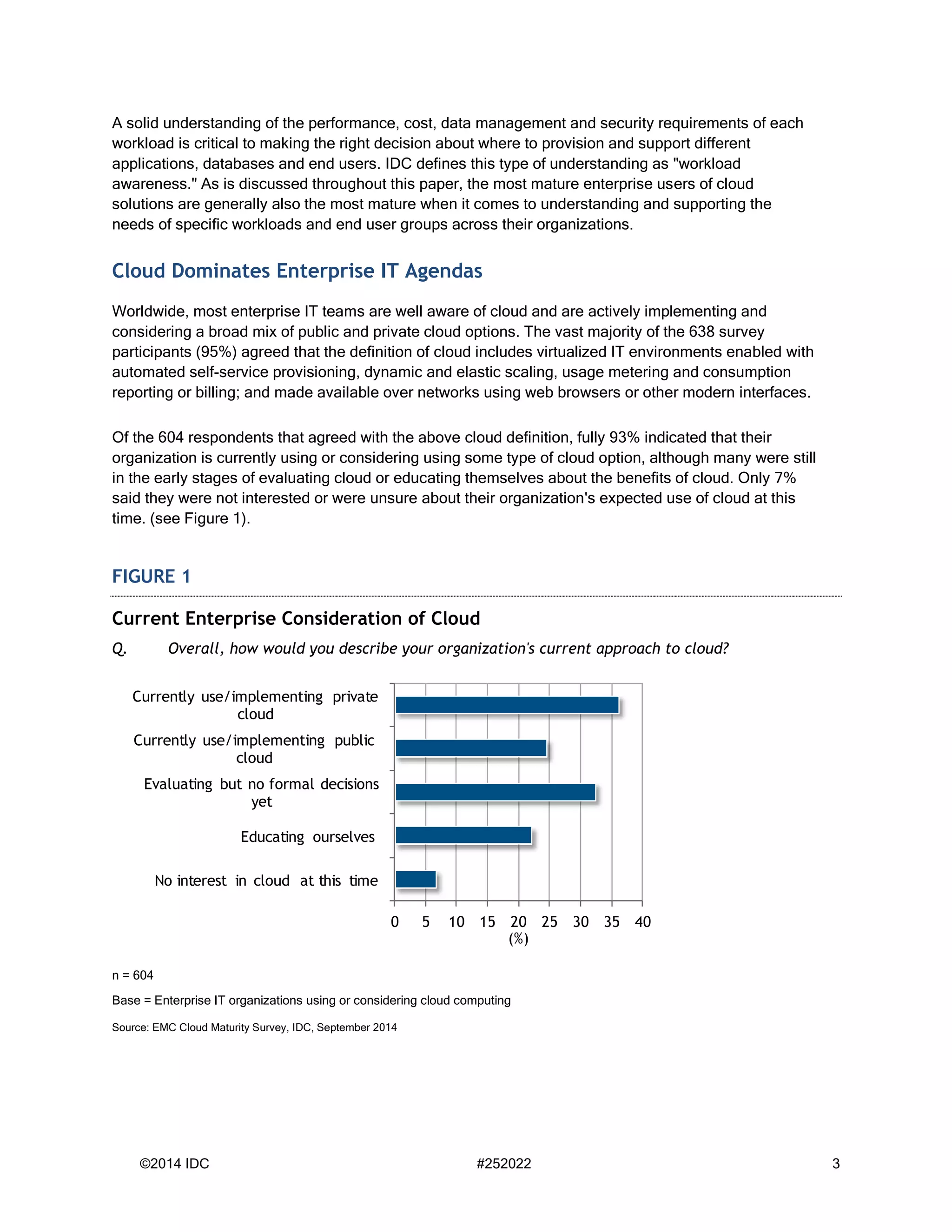 ©2014 IDC #252022 3 
A solid understanding of the performance, cost, data management and security requirements of each workload is critical to making the right decision about where to provision and support different applications, databases and end users. IDC defines this type of understanding as "workload awareness." As is discussed throughout this paper, the most mature enterprise users of cloud solutions are generally also the most mature when it comes to understanding and supporting the needs of specific workloads and end user groups across their organizations. 
Cloud Dominates Enterprise IT Agendas 
Worldwide, most enterprise IT teams are well aware of cloud and are actively implementing and considering a broad mix of public and private cloud options. The vast majority of the 638 survey participants (95%) agreed that the definition of cloud includes virtualized IT environments enabled with automated self-service provisioning, dynamic and elastic scaling, usage metering and consumption reporting or billing; and made available over networks using web browsers or other modern interfaces. 
Of the 604 respondents that agreed with the above cloud definition, fully 93% indicated that their organization is currently using or considering using some type of cloud option, although many were still in the early stages of evaluating cloud or educating themselves about the benefits of cloud. Only 7% said they were not interested or were unsure about their organization's expected use of cloud at this time. (see Figure 1). FIGURE 1 
Current Enterprise Consideration of Cloud 
Q. Overall, how would you describe your organization's current approach to cloud? 
n = 604 
Base = Enterprise IT organizations using or considering cloud computing 
Source: EMC Cloud Maturity Survey, IDC, September 2014 
0510152025303540No interest in cloud at this timeEducating ourselves Evaluating but no formal decisions yetCurrently use/implementing public cloud Currently use/implementing private cloud(%)  