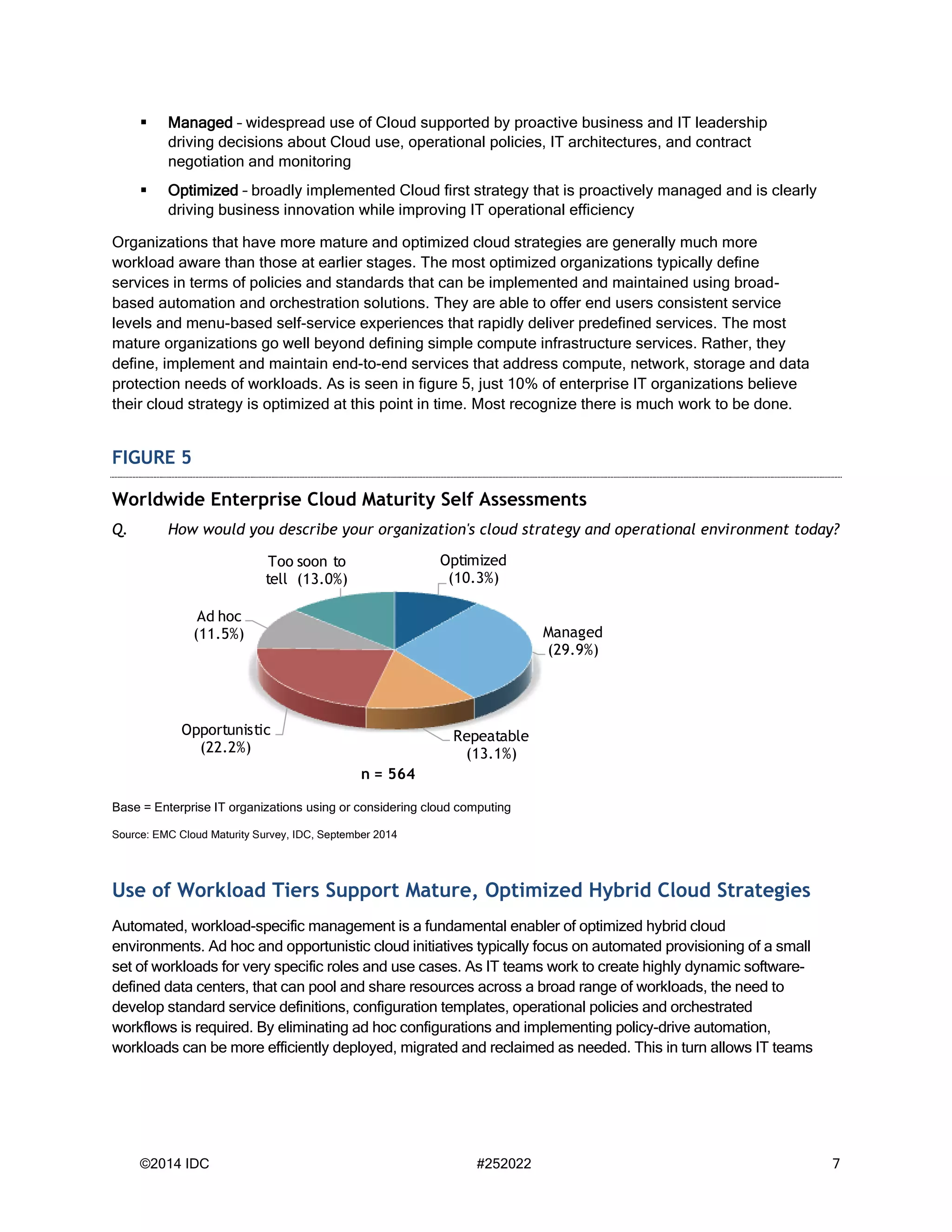 ©2014 IDC #252022 7 
 Managed – widespread use of Cloud supported by proactive business and IT leadership driving decisions about Cloud use, operational policies, IT architectures, and contract negotiation and monitoring 
 Optimized – broadly implemented Cloud first strategy that is proactively managed and is clearly driving business innovation while improving IT operational efficiency 
Organizations that have more mature and optimized cloud strategies are generally much more workload aware than those at earlier stages. The most optimized organizations typically define services in terms of policies and standards that can be implemented and maintained using broad- based automation and orchestration solutions. They are able to offer end users consistent service levels and menu-based self-service experiences that rapidly deliver predefined services. The most mature organizations go well beyond defining simple compute infrastructure services. Rather, they define, implement and maintain end-to-end services that address compute, network, storage and data protection needs of workloads. As is seen in figure 5, just 10% of enterprise IT organizations believe their cloud strategy is optimized at this point in time. Most recognize there is much work to be done. FIGURE 5 
Worldwide Enterprise Cloud Maturity Self Assessments 
Q. How would you describe your organization's cloud strategy and operational environment today? 
Base = Enterprise IT organizations using or considering cloud computing 
Source: EMC Cloud Maturity Survey, IDC, September 2014 
Use of Workload Tiers Support Mature, Optimized Hybrid Cloud Strategies 
Automated, workload-specific management is a fundamental enabler of optimized hybrid cloud environments. Ad hoc and opportunistic cloud initiatives typically focus on automated provisioning of a small set of workloads for very specific roles and use cases. As IT teams work to create highly dynamic software- defined data centers, that can pool and share resources across a broad range of workloads, the need to develop standard service definitions, configuration templates, operational policies and orchestrated workflows is required. By eliminating ad hoc configurations and implementing policy-drive automation, workloads can be more efficiently deployed, migrated and reclaimed as needed. This in turn allows IT teams 
Optimized (10.3%) Managed (29.9%) Repeatable (13.1%) Opportunistic (22.2%) Ad hoc (11.5%) Too soon to tell (13.0%) n = 564  