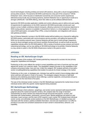 ©2021 IDC #US47279821 25
branch technologies including wireless and wired LAN solutions, along with a cloud-managed platform,
among other products. The Ipanema SD-WAN could become a key part of the company's "Infinite
Enterprise" vision, which focuses on distributed connectivity and consumer-centric experiences
delivered at cloud scale. By purchasing Ipanema, Extreme Networks has an opportunity to build out a
stronger LAN/WLAN + SD-WAN offering, which IDC refers to as the software-defined branch.
Ipanema's SD-WAN provides application visibility and control, allowing users to define end-user quality
of experiences for applications on the WAN. Ipanema's SD-WAN dynamically controls each user
session across multiple underlying network transports, allowing customers to tie business objectives to
WAN routing policies. Ipanema is available in physical form factors or a virtual appliance. It includes
native WAN optimization, encrypted IPsec VPNs, a cloud orchestrator, and integrations with secure
web gateway providers.
Key to Extreme Networks' success in the SD-WAN market will be building out a channel for selling the
SD-WAN solution, particularly with communications service providers, and selling the Ipanema SD-
WAN into its existing customer base. Extreme Networks will also look to build stronger integrations
across its cloud-managed campus and branch portfolio (ExtremeCloud), as well as build up security
capabilities natively within the SD-WAN platform. With a variety of products across campus and branch
networking technology, and by now adding an SD-WAN technology to its portfolio, Extreme Networks
is a key vendor to watch in the SD-WAN infrastructure market in the years to come.
APPENDIX
Reading an IDC MarketScape Graph
For the purposes of this analysis, IDC divided potential key measures for success into two primary
categories: capabilities and strategies.
Positioning on the y-axis reflects the vendor's current capabilities and menu of services and how well
aligned the vendor is to customer needs. The capabilities category focuses on the capabilities of the
company and product today, here and now. Under this category, IDC analysts will look at how well a
vendor is building/delivering capabilities that enable it to execute its chosen strategy in the market.
Positioning on the x-axis, or strategies axis, indicates how well the vendor's future strategy aligns with
what customers will require in three to five years. The strategies category focuses on high-level
decisions and underlying assumptions about offerings, customer segments, and business and go-to-
market plans for the next three to five years.
The size of the individual vendor markers in the IDC MarketScape represents the market share of each
individual vendor within the specific market segment being assessed.
IDC MarketScape Methodology
IDC MarketScape criteria selection, weightings, and vendor scores represent well-researched IDC
judgment about the market and specific vendors. IDC analysts tailor the range of standard
characteristics by which vendors are measured through structured discussions, surveys, and
interviews with market leaders, participants, and end users. Market weightings are based on user
interviews, buyer surveys, and the input of IDC experts in each market. IDC analysts base individual
vendor scores, and ultimately vendor positions on the IDC MarketScape, on detailed surveys and
interviews with the vendors, publicly available information, and end-user experiences in an effort to
provide an accurate and consistent assessment of each vendor's characteristics, behavior, and
capability.
 