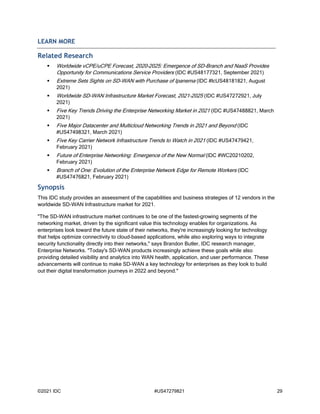 ©2021 IDC #US47279821 29
LEARN MORE
Related Research
 Worldwide vCPE/uCPE Forecast, 2020–2025: Emergence of SD-Branch and NaaS Provides
Opportunity for Communications Service Providers (IDC #US48177321, September 2021)
 Extreme Sets Sights on SD-WAN with Purchase of Ipanema (IDC #lcUS48181821, August
2021)
 Worldwide SD-WAN Infrastructure Market Forecast, 2021-2025 (IDC #US47272921, July
2021)
 Five Key Trends Driving the Enterprise Networking Market in 2021 (IDC #US47488821, March
2021)
 Five Major Datacenter and Multicloud Networking Trends in 2021 and Beyond (IDC
#US47498321, March 2021)
 Five Key Carrier Network Infrastructure Trends to Watch in 2021 (IDC #US47479421,
February 2021)
 Future of Enterprise Networking: Emergence of the New Normal (IDC #WC20210202,
February 2021)
 Branch of One: Evolution of the Enterprise Network Edge for Remote Workers (IDC
#US47476821, February 2021)
Synopsis
This IDC study provides an assessment of the capabilities and business strategies of 12 vendors in the
worldwide SD-WAN Infrastructure market for 2021.
"The SD-WAN infrastructure market continues to be one of the fastest-growing segments of the
networking market, driven by the significant value this technology enables for organizations. As
enterprises look toward the future state of their networks, they're increasingly looking for technology
that helps optimize connectivity to cloud-based applications, while also exploring ways to integrate
security functionality directly into their networks," says Brandon Butler, IDC research manager,
Enterprise Networks. "Today's SD-WAN products increasingly achieve these goals while also
providing detailed visibility and analytics into WAN health, application, and user performance. These
advancements will continue to make SD-WAN a key technology for enterprises as they look to build
out their digital transformation journeys in 2022 and beyond."
 