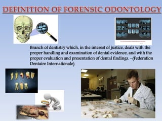 Branch of dentistry which, in the interest of justice, deals with the
proper handling and examination of dental evidence, and with the
proper evaluation and presentation of dental findings. –(Federation
Dentaire Internationale)
 