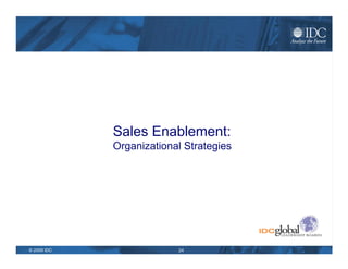 Sales Enablement Realities Q: On average, how much time does your typical rep spend on each of the following sales prep activities (in hours per week)? Source: IDC 2009 High Low Average Mode Median IDC Benchmark Looking for Marketing Collateral 25 .5 5 1 2 .5 Creating Presentations, Documents for Customers/ Prospects 30 1 8 5 5 5 Searching for Customer Info Inside Organization 30 0 5 5 4 1 Searching for Customer Info Outside Organization 25 0 4 2 3 1 