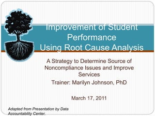 A Strategy to Determine Source of
Noncompliance Issues and Improve
Services
Trainer: Marilyn Johnson, PhD
March 17, 2011
Improvement of Student
Performance
Using Root Cause Analysis
Adapted from Presentation by Data
Accountability Center.
 