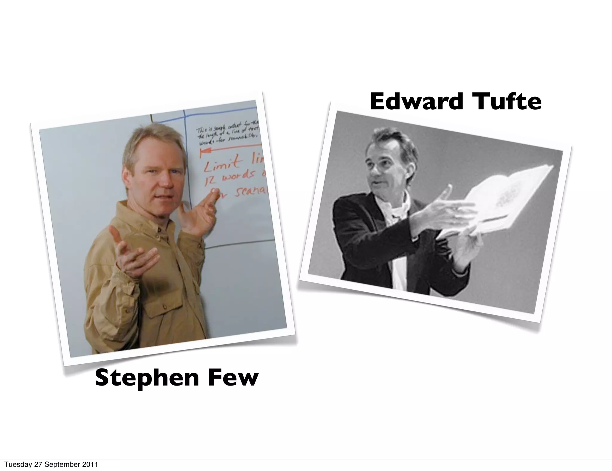 Edward Tufte




                       Stephen Few


Tuesday 27 September 2011
 