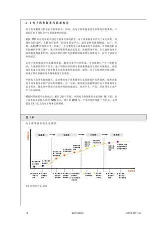 2.4 电子商务服务与信息社会

电子商务服务与信息社会紧密相关，同时，从电子商务服务的生态演进历程来看，目
前已经到了对社会产生重要影响的阶段。

根据 IDC 连续几年对中国电子商务市场的研究，电子商务服务业经历了从无到有、再
到壮大的过程。从最初只是单一的交易信息平台，逐步延伸发展到物流、支付、营
销、流程/IT 外包等环节，形成了一个完整的电子商务服务的生态系统。在金融危机逐
步影响到中国经济时，电子商务服务帮助企业复苏，拓展国内市场，并且也因为电子
商务服务的显著作用，成为信息经济时代的基础设施和增长的新动力，促进了信息经
济的成长。

从电子商务服务的生态演进来看，随着交易平台的形成，交易集聚后产生了规模效
应。在规模经济的作用下，电子商务应用的细分需求集聚成为大量的市场机会，也就
逐步促成专业的电子商务服务企业形成和快速发展。最终，由于互联网的开放特性，
形成了开放共赢的电子商务服务生态系统。

中国电子商务市场的成长，逐步推动电子商务服务生态系统的扩张和成熟，也推动着
电子商务服务业的产业化和规模化。另一方面，服务能力逐渐增强的电子商务服务生
态又推动、催化着中国电子商务市场的快速成长，也对个人、产业、经济乃至社会产
生了深远影响。

根据阿里研究中心的统计，截至 2011 年底，中国电子商务服务企业突破 15 万家；电
子商务服务业收入达到 1200 亿元。预计到 2015 年，产业营收将突破 1 万亿元，支撑
超过 13 万亿元的电子商务交易规模。




图 10

电子商务服务的生态演进




来源: 阿里研究中心, 2012




12                     #CH12003U                 ©2012 IDC 中国
 
