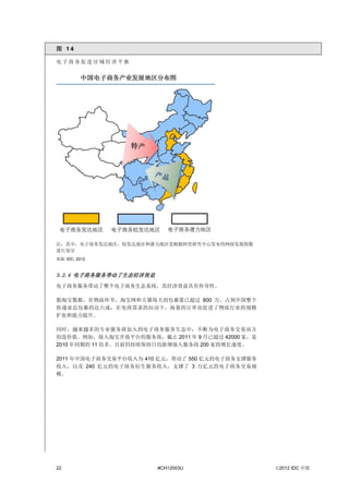 图 14

电子商务促进区域经济平衡




注：其中，电子商务发达地区、较发达地区和潜力地区是根据阿里研究中心发布的网商发展指数
进行划分
来源: IDC, 2012



3.2.4 电子商务服务带动了生态经济效益
电子商务服务带动了整个电子商务生态系统，其经济效益具有传导性。

据淘宝数据，在物流环节，淘宝网和天猫每天的包裹量已超过 800 万，占到中国整个
快递业总包裹的近六成；在电商需求的拉动下，海量的订单也促进了物流行业的规模
扩张和能力提升。

同时，越来越多的专业服务商加入到电子商务服务生态中，不断为电子商务交易双方
创造价值。例如，接入淘宝开放平台的服务商，截止 2011 年 9 月已超过 42000 家，是
2010 年同期的 11 倍多。目前仍持续保持日均新增接入服务商 200 家的增长速度。

2011 年中国电子商务交易平台收入为 410 亿元，带动了 550 亿元的电子商务支撑服务
收入，以及 240 亿元的电子商务衍生服务收入，支撑了 3 万亿元的电子商务交易规
模。




22                      #CH12003U                 ©2012 IDC 中国
 