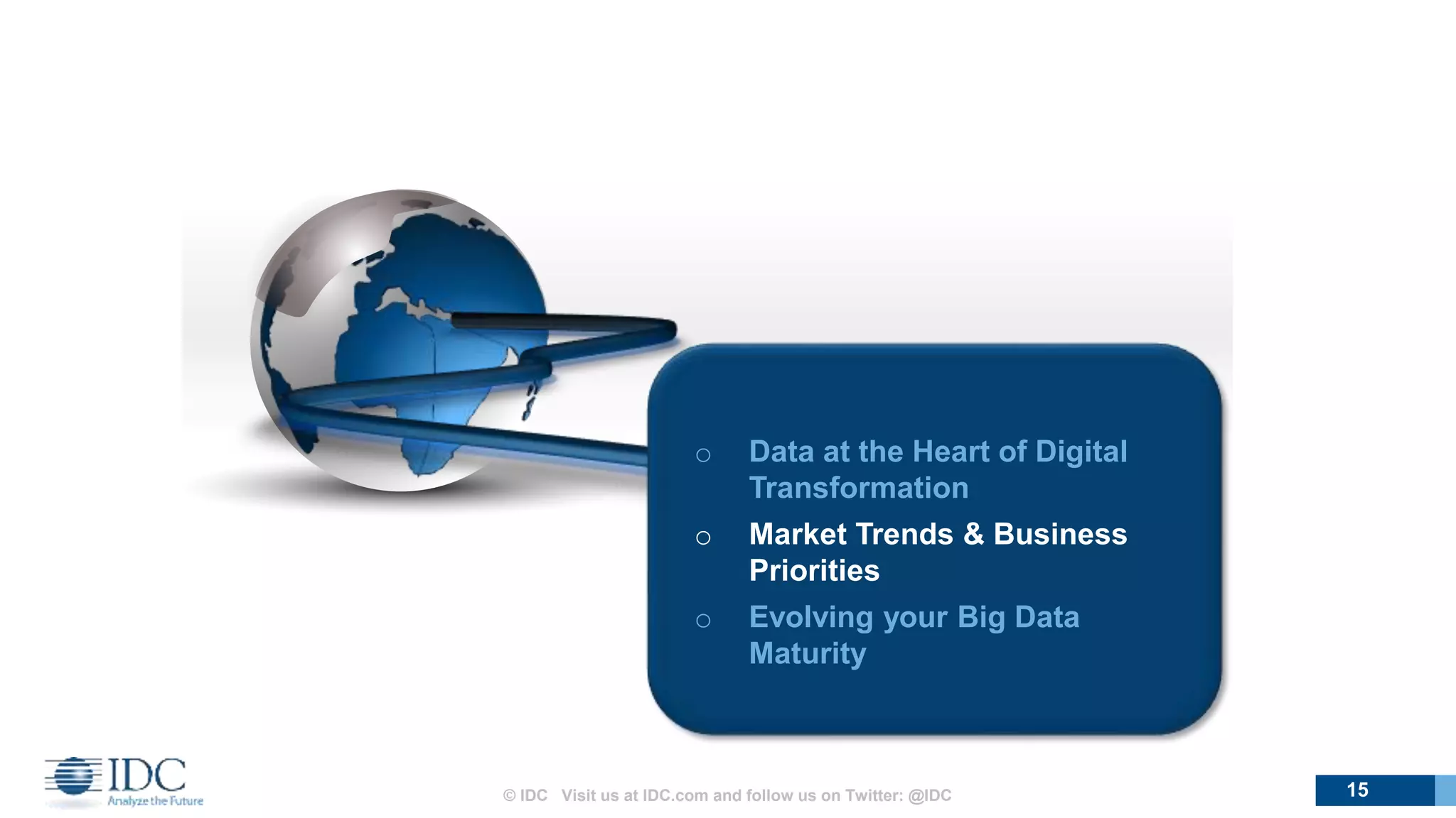 o Data at the Heart of Digital
Transformation
o Market Trends & Business
Priorities
o Evolving your Big Data
Maturity
15© IDC Visit us at IDC.com and follow us on Twitter: @IDC
 