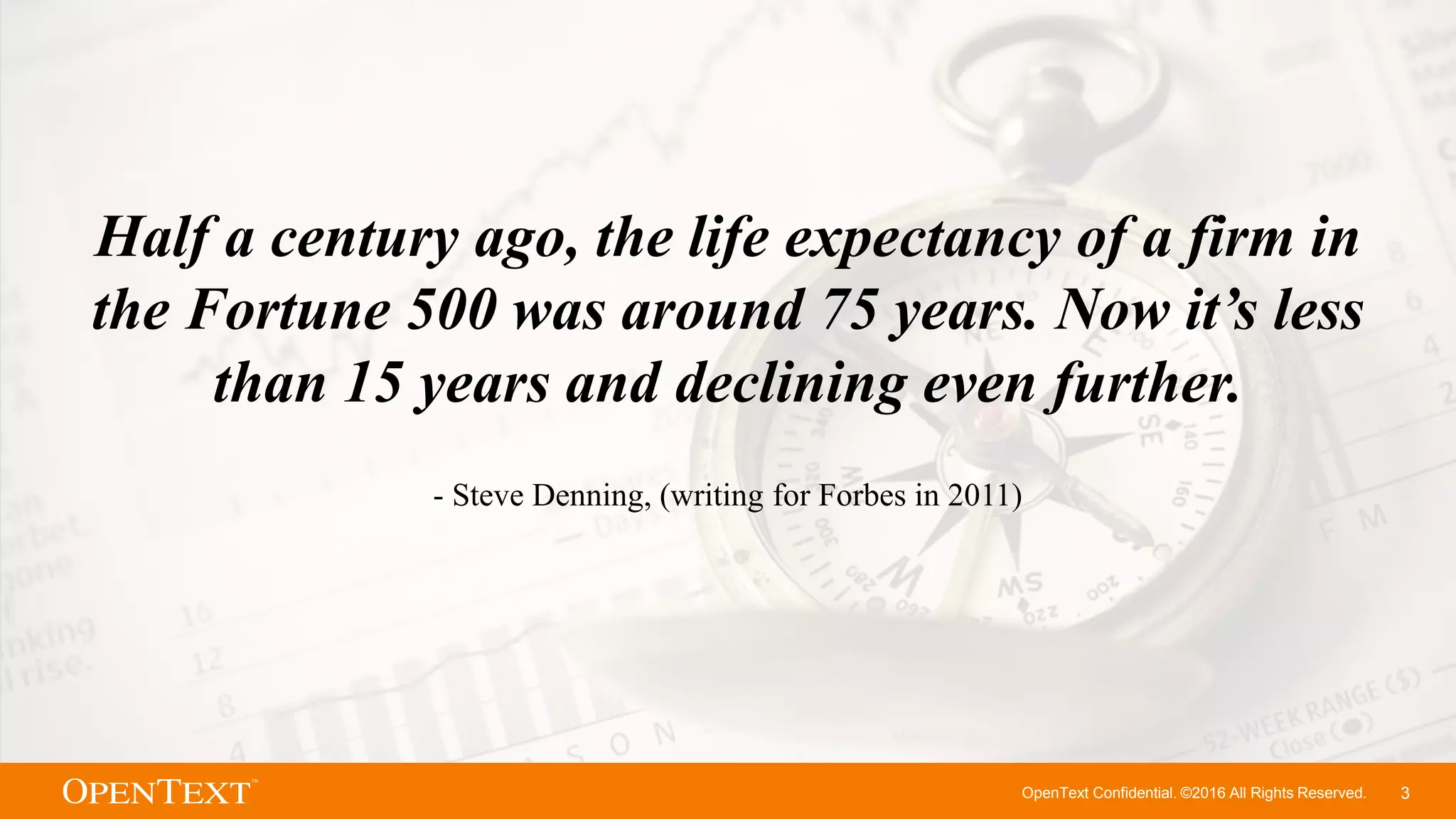 OpenText Confidential. ©2016 All Rights Reserved. 3
Half a century ago, the life expectancy of a firm in
the Fortune 500 was around 75 years. Now it’s less
than 15 years and declining even further.
- Steve Denning, (writing for Forbes in 2011)
 