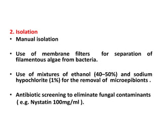 2. Isolation
• Manual isolation
• Use of membrane filters for separation of
filamentous algae from bacteria.
• Use of mixtures of ethanol (40–50%) and sodium
hypochlorite (1%) for the removal of microepibionts .
• Antibiotic screening to eliminate fungal contaminants
( e.g. Nystatin 100mg/ml ).
 