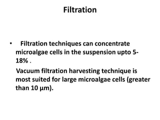 Filtration
• Filtration techniques can concentrate
microalgae cells in the suspension upto 5-
18% .
Vacuum filtration harvesting technique is
most suited for large microalgae cells (greater
than 10 μm).
 