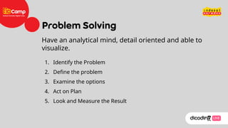 Have an analytical mind, detail oriented and able to
visualize.
1. Identify the Problem
2. Define the problem
3. Examine the options
4. Act on Plan
5. Look and Measure the Result
 