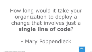 14© Copyright 2016 EMC Corporation. All rights reserved.
How long would it take your
organization to deploy a
change that involves just a
single line of code?
- Mary Poppendieck
 