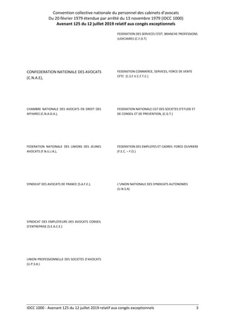 Convention collective nationale du personnel des cabinets d’avocats
Du 20 février 1979 étendue par arrêté du 13 novembre 1979 (IDCC 1000)
Avenant 125 du 12 juillet 2019 relatif aux congés exceptionnels
IDCC 1000 - Avenant 125 du 12 juillet 2019 relatif aux congés exceptionnels 3
FEDERATION DES SERVICES CFDT, BRANCHE PROFESSIONS
JUDICIAIRES (C.F.D.T)
CONFEDERATION NATIONALE DES AVOCATS
(C.N.A.E),
FEDERATION COMMERCE, SERVICES, FORCE DE VENTE
CFTC (C.S.F.V.C.F.T.C.)
CHAMBRE NATIONALE DES AVOCATS EN DROIT DES
AFFAIRES (C.N.A.D.A.),
FEDERATION NATIONALE CGT DES SOCIETES D’ETUDE ET
DE CONSEIL ET DE PREVENTION, (C.G.T.)
FEDERATION NATIONALE DES UNIONS DES JEUNES
AVOCATS (F.N.U.J.A.),
FEDERATION DES EMPLOYES ET CADRES FORCE OUVRIERE
(F.E.C. – F.O.)
SYNDICAT DES AVOCATS DE FRANCE (S.A.F.E.), L’UNION NATIONALE DES SYNDICATS AUTONOMES
(U.N.S.A)
SYNDICAT DES EMPLOYEURS DES AVOCATS CONSEIL
D’ENTREPRISE (S.E.A.C.E.)
UNION PROFESSIONNELLE DES SOCIETES D’AVOCATS
(U.P.S.A.)
 