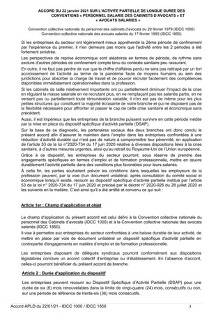 ACCORD DU 22 janvier 2021 SUR L’ACTIVITE PARTIELLE DE LONGUE DUREE DES
CONVENTIONS « PERSONNEL SALARIE DES CABINETS D’AVOC...