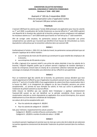 CONVENTION COLLECTIVE NATIONALE
GARDIENS, CONCIERGES ET EMPLOYES D’IMMEUBLES
Brochure n° 3144 – IDCC 1043
Avenant n° 101 d...