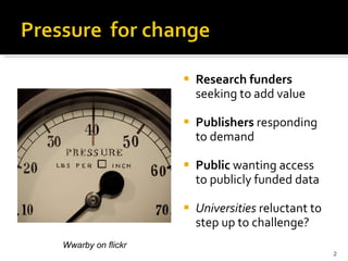  Research funders
seeking to add value
 Publishers responding
to demand
 Public wanting access
to publicly funded data
...