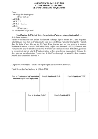 AVENANT N° 26 du 15 JUIN 2018
CONVENTION COLLECTIVE
DE L’INDUSTRIE DE ROQUEFORT
Entre :
Le Collège des Employeurs,
D’une p...