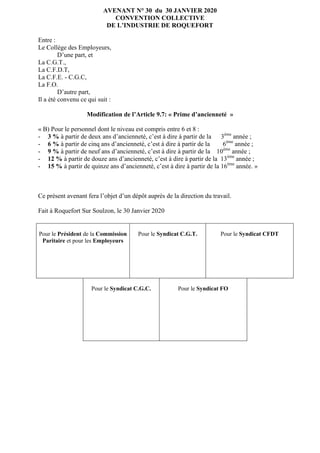 AVENANT N° 30 du 30 JANVIER 2020
CONVENTION COLLECTIVE
DE L’INDUSTRIE DE ROQUEFORT
Entre :
Le Collège des Employeurs,
D’un...