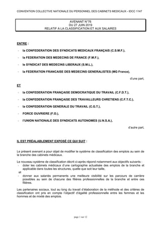 CONVENTION COLLECTIVE NATIONALE DU PERSONNEL DES CABINETS MEDICAUX - IDCC 1147
page 1 sur 12
AVENANT N°76
DU 27 JUIN 2019
RELATIF A LA CLASSIFICATION ET AUX SALAIRES
ENTRE :
- la CONFEDERATION DES SYNDICATS MEDICAUX FRANÇAIS (C.S.M.F.),
- la FEDERATION DES MEDECINS DE FRANCE (F.M.F.),
- le SYNDICAT DES MEDECINS LIBERAUX (S.M.L.),
- la FEDERATION FRANCAISE DES MEDECINS GENERALISTES (MG France),
d’une part,
ET
- la CONFEDERATION FRANÇAISE DEMOCRATIQUE DU TRAVAIL (C.F.D.T.),
- la CONFEDERATION FRANÇAISE DES TRAVAILLEURS CHRETIENS (C.F.T.C.),
- la CONFEDERATION GENERALE DU TRAVAIL (C.G.T.),
- FORCE OUVRIERE (F.O.),
- l’UNION NATIONALE DES SYNDICATS AUTONOMES (U.N.S.A.),
d’autre part,
IL EST PRÉALABLEMENT EXPOSÉ CE QUI SUIT :
Le présent avenant a pour objet de modifier le système de classification des emplois au sein de
la branche des cabinets médicaux.
Le nouveau système de classification décrit ci-après répond notamment aux objectifs suivants :
- doter les cabinets médicaux d’une cartographie actualisée des emplois de la branche et
applicable dans toutes les structures, quelle que soit leur taille,
et
- donner aux salariés permanents une meilleure visibilité sur les parcours de carrière
possibles au sein de chacune des filières professionnelles de la branche et entre ces
filières.
Les partenaires sociaux, tout au long du travail d’élaboration de la méthode et des critères de
classification ont pris en compte l’objectif d’égalité professionnelle entre les femmes et les
hommes et de mixité des emplois.
 