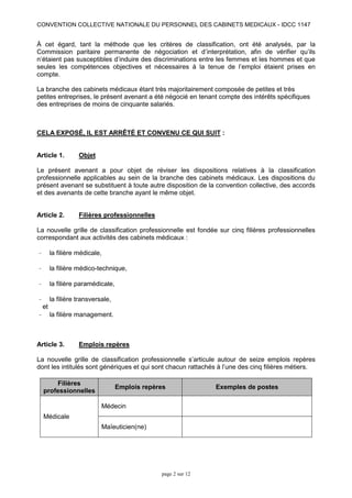 CONVENTION COLLECTIVE NATIONALE DU PERSONNEL DES CABINETS MEDICAUX - IDCC 1147
page 2 sur 12
À cet égard, tant la méthode ...