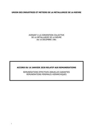 1
UNION DES INDUSTRIES ET METIERS DE LA METALLURGIE DE LA NIEVRE
AVENANT A LA CONVENTION COLLECTIVE
DE LA METALLURGIE DE L...