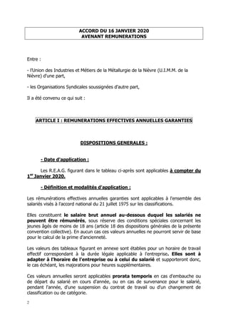 2
ACCORD DU 16 JANVIER 2020
AVENANT REMUNERATIONS
Entre :
- l’Union des Industries et Métiers de la Métallurgie de la Nièv...